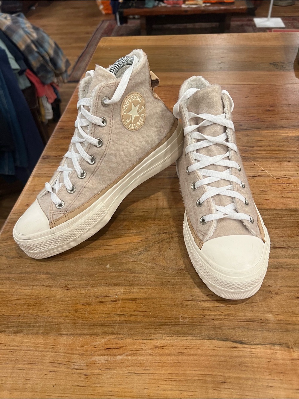 Converse High Top Faux Fur Sneakers in Beige and White